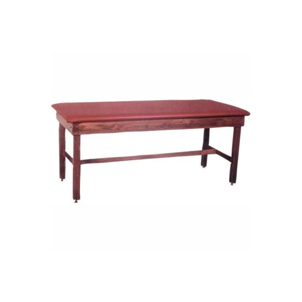 Wooden Treatment Table with H-Brace, Blue Upholstery, Natural Frame, 78"L x 30"W x 30"H